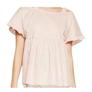 BCBGeneration Light Blush Striped Ruffle-Sleeve Peplum Top